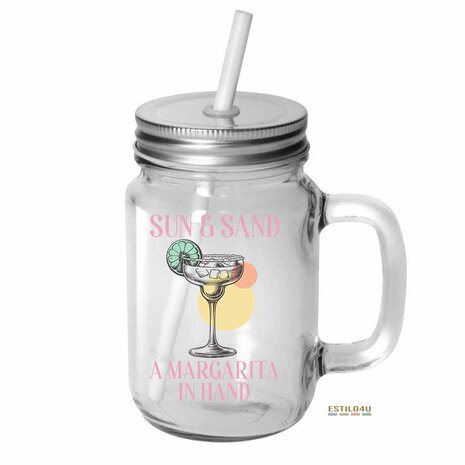 Sun &amp; Sand a margarita in hand - Mason Jar 12oz